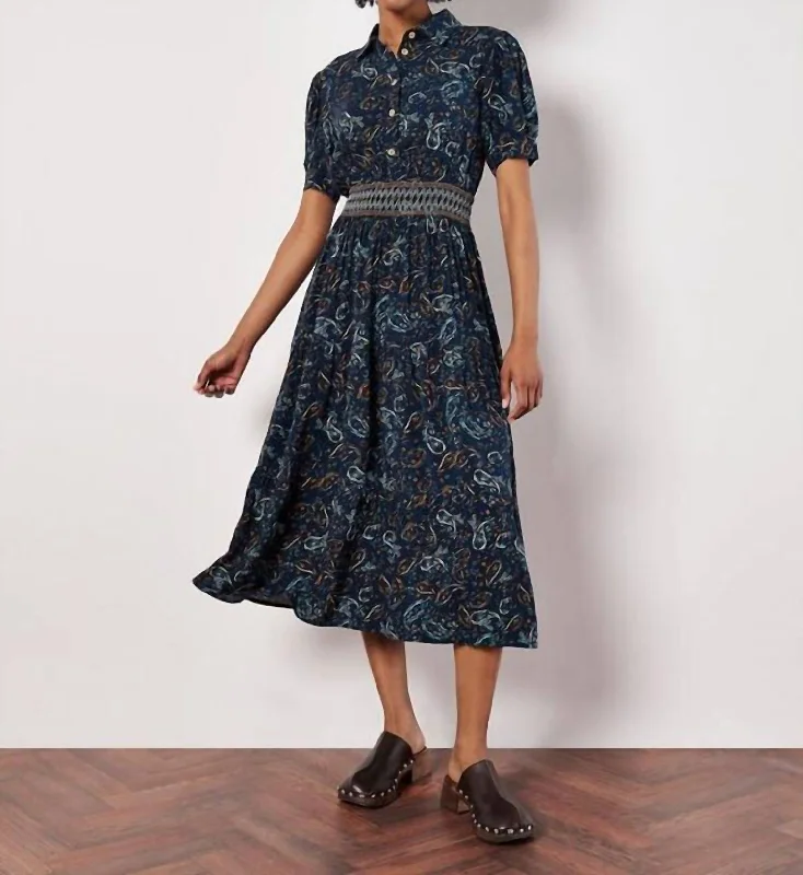 Today's Special Paisley Smock Tiered Shirt Midi Dress In Navy