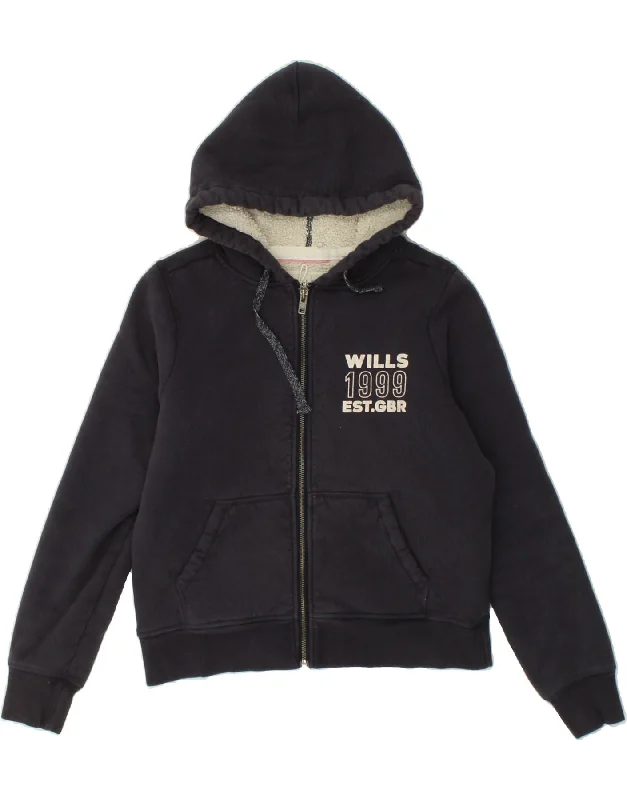 Take Advantage JACK WILLS Womens Graphic Zip Hoodie Sweater UK 10 Small Navy Blue