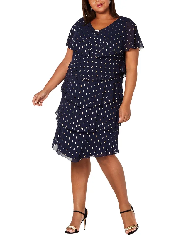 Special Promotion Plus Womens Metallc Tiered Midi Dress