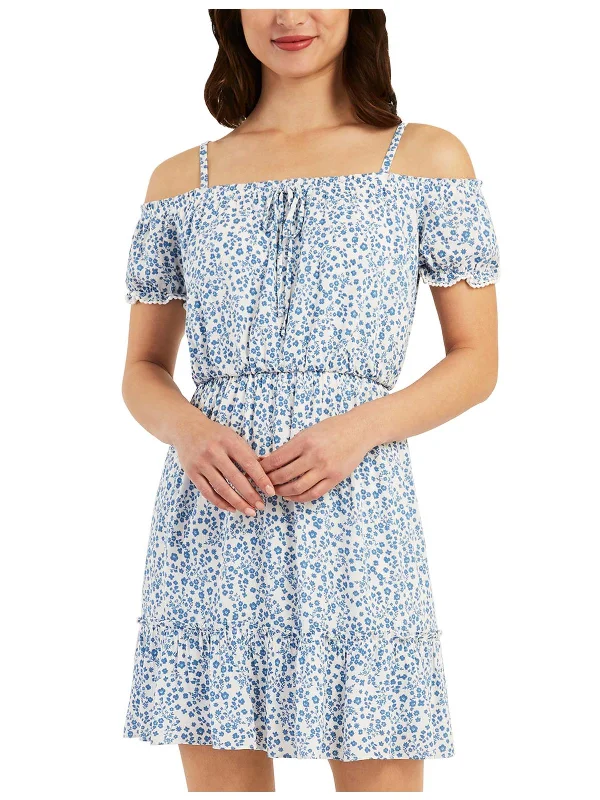 Referral Discount Juniors Womens Floral Off-The-Shoulder Fit & Flare Dress