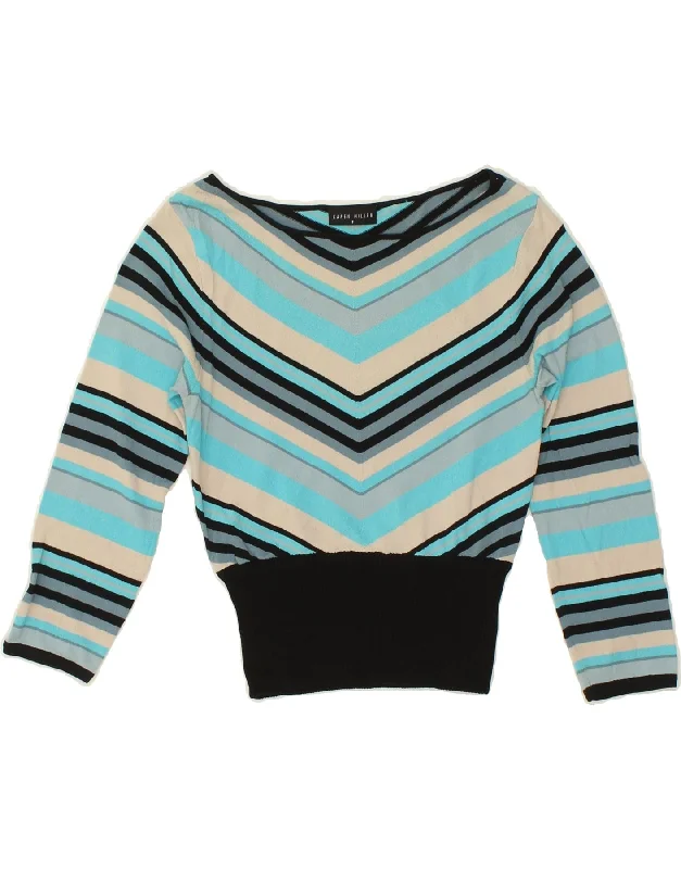 Online Only KAREN MILLEN Womens Crop Boat Neck Jumper Sweater UK 2 2XS Blue Striped