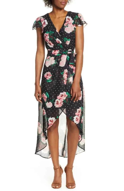 Super Bargain Faux Wrap Black Dots Floral High Low Chiffon Dress