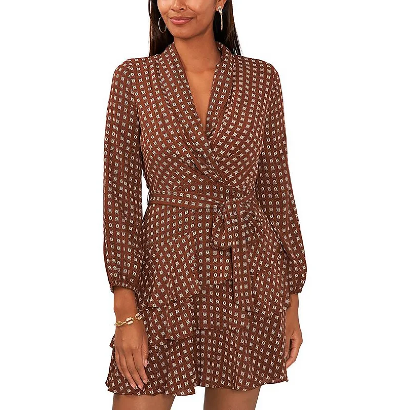 Weekend Deal Womens Printed Shawl-Collar Mini Dress