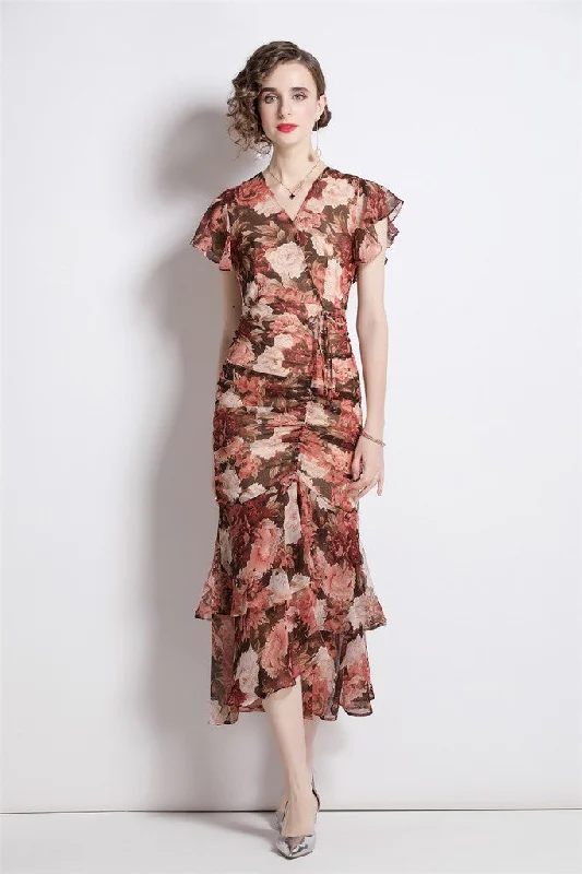 Best Bargains Multicolor Day A-line V-neck Short Sleeve Maxi Printed Dress