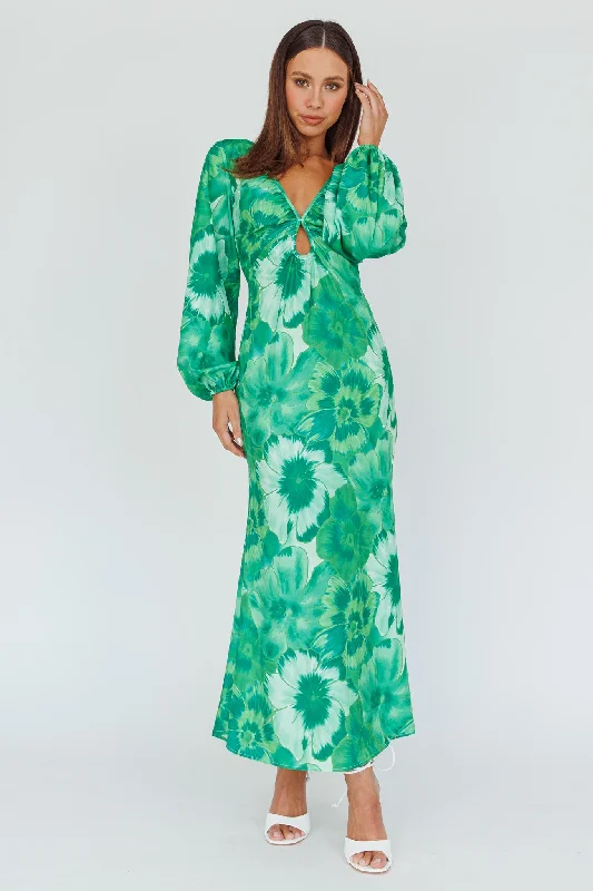 Now or Never Yessica Balloon Sleeve Midi Dress Floral Green