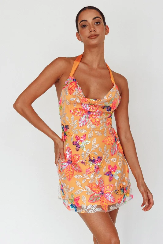 Midnight Madness Champagne Showers Halterneck Slip Mini Dress Sequin Floral Orange