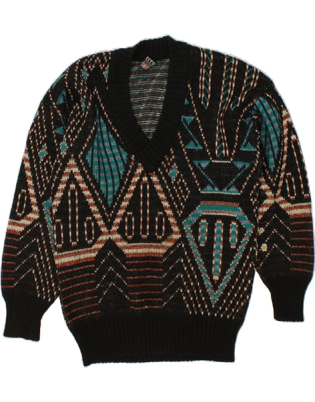 Lowest Price VINTAGE Womens V-Neck Jumper Sweater UK 16 Large Black Geometric