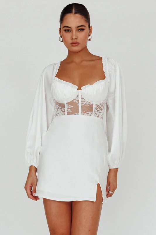 Instant Discount Trophy Long Sleeve Lace Bodice Mini Dress White