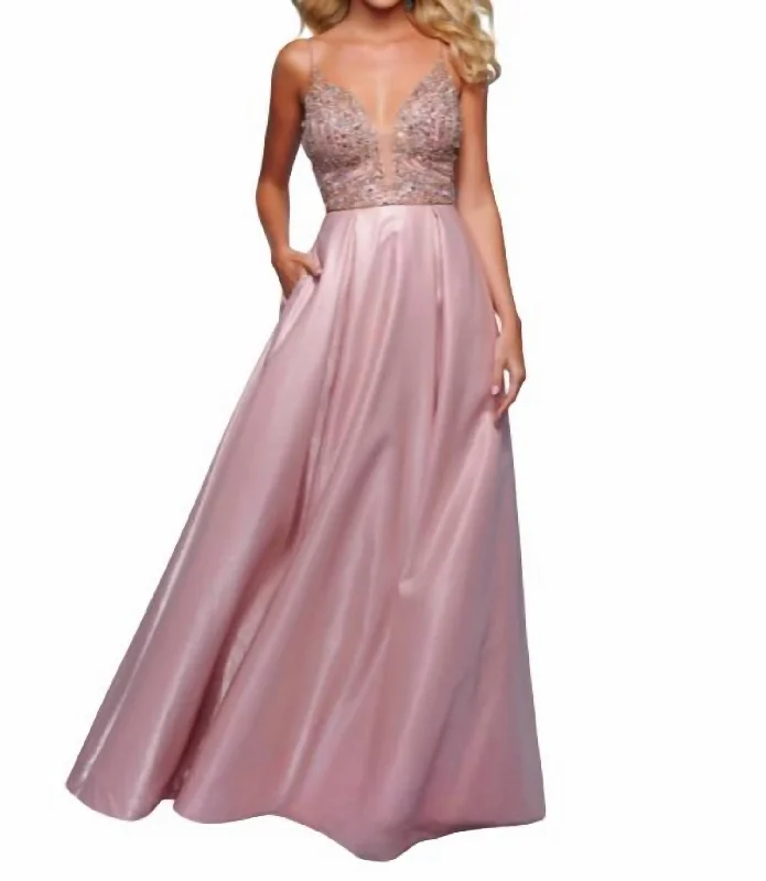 TIME-Limited Offer Beaded Shimmer Crepe A-Line Gown In Rose Gold
