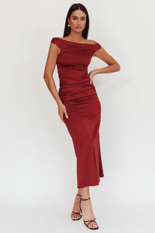 Price Drop Alert In Blooms Off Shoulder Satin Maxi Dress Wine