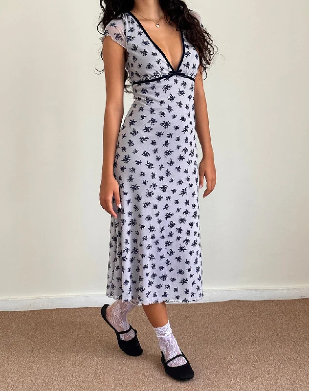 Limited Stock Vilinia Dress in Pale Grey Flower Cluster Flock