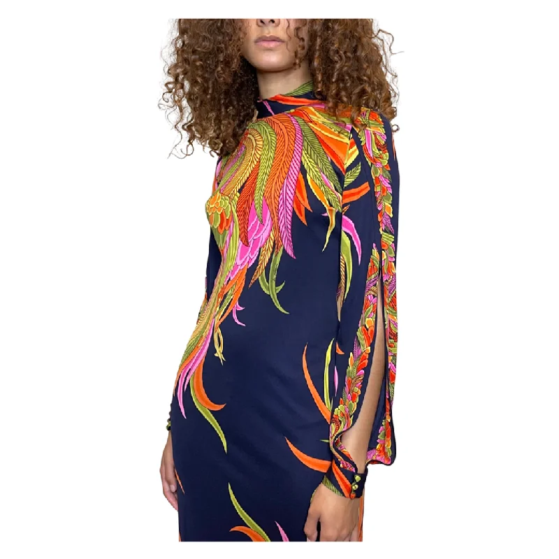 Discount Deals Peekaboo Hire - 1970's Original Vintage Navy Floral & Palm Print Maxi Dress UK 8 - 10
