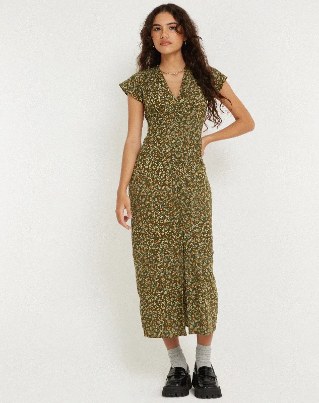 Seasonal Sale Larin Midi Dress in Grungey Floral Khaki