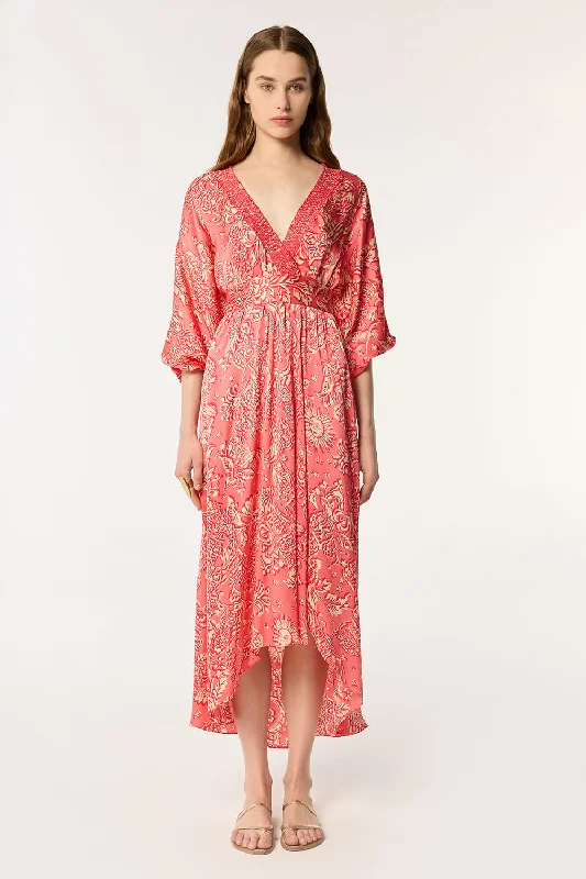 Overstock Long Dress Celie - Pink Oriental Foulard
