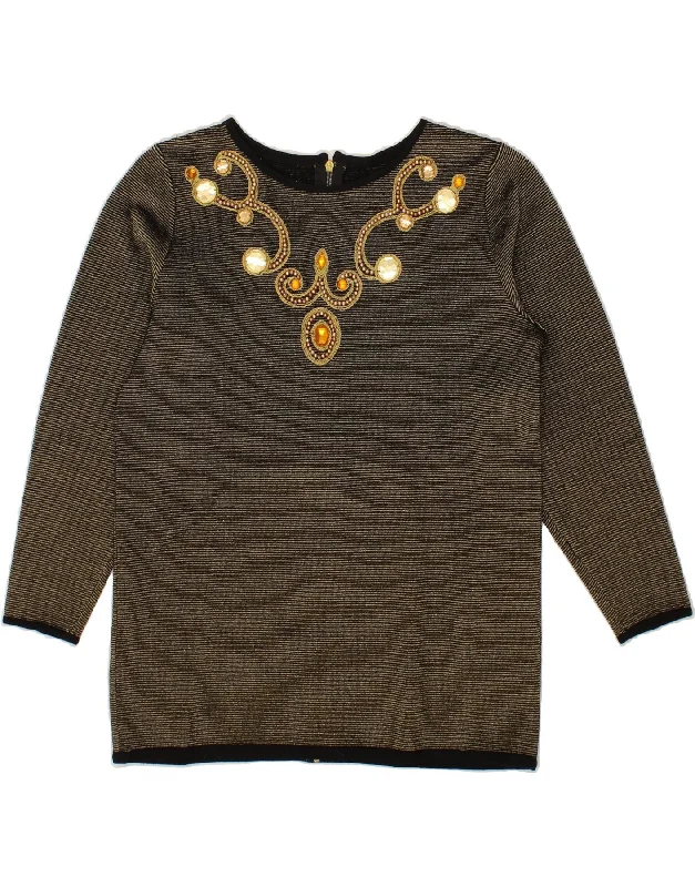 Must-Have Deals VINTAGE Womens Boat Neck Jumper Sweater UK 12 Medium Gold Pinstripe