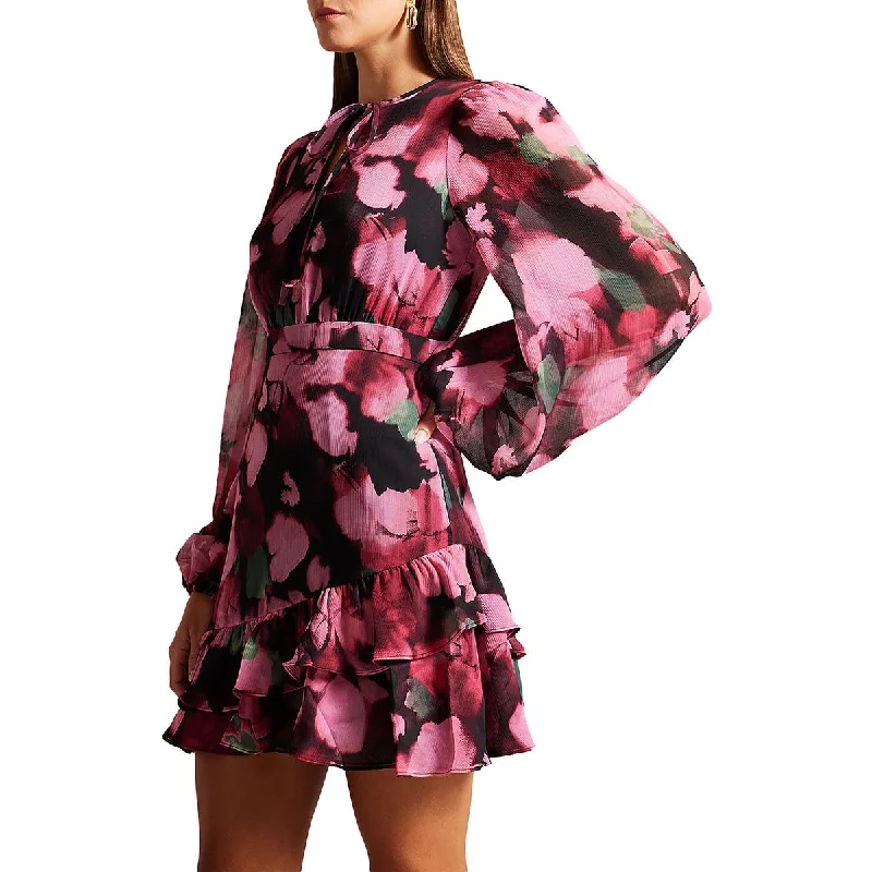 Hurry In Womens Ruffled Tie Front Mini Dress