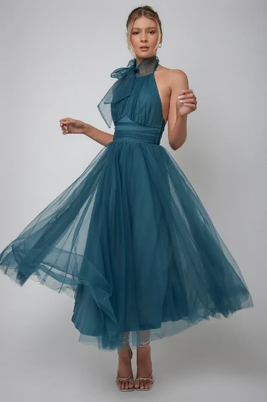 Extra Discounts Andria Halterneck Tulle Midi Dress Teal