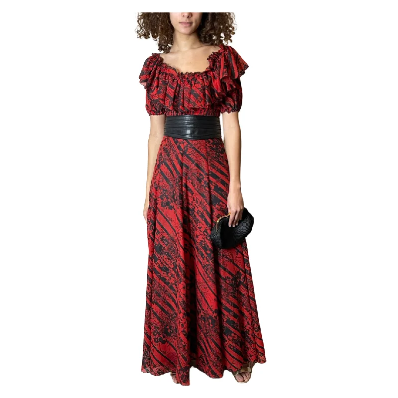 Discount Deals Original 1970's Vintage Red Floral Print Maxi Dress UK 8 - 12