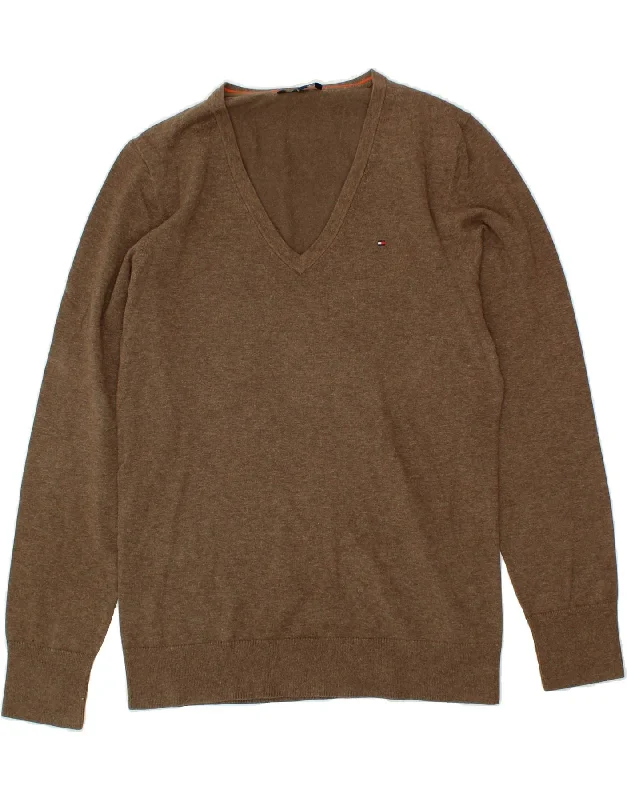 Price Meltdown TOMMY HILFIGER Womens V-Neck Jumper Sweater UK 20 2XL Brown Cotton