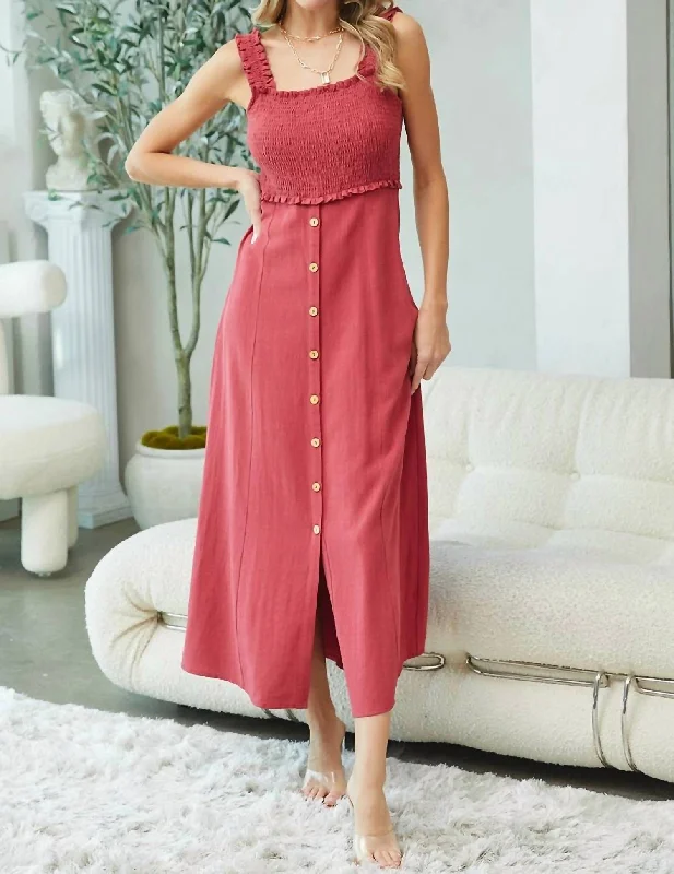 Anniversary Sale Smocked Midi Dress In Brick Red