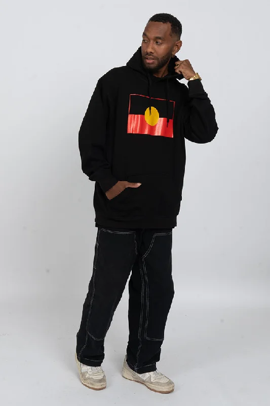 Overstock "Raise the Flag" Aboriginal Flag (Large) Black Premium Cotton Blend Unisex Hoodie