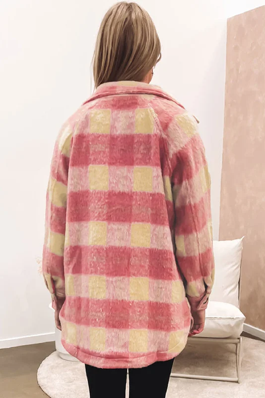 Grand Opening Sale Pink Plaid Woolen Shirt Jacket