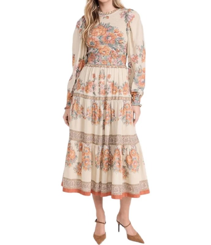 Don't Wait Fiorella Border Print Long Sleeve Smocked Dress In Blossom