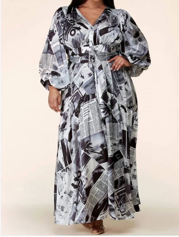 Exclusive Deal Silky Newspaper Print Maxi Dress In Black & White