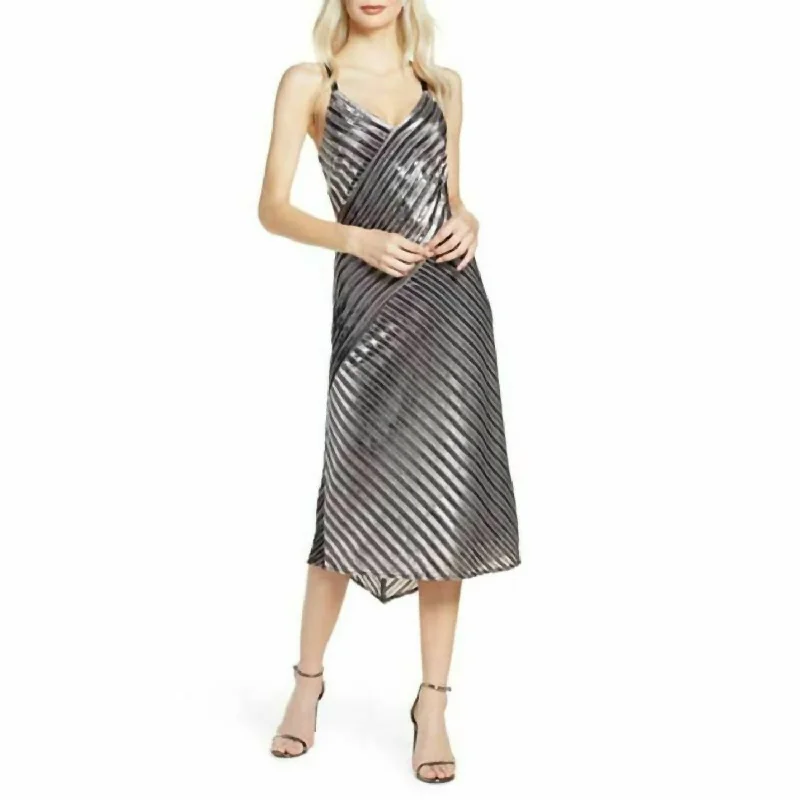 Daily Deals Metallic Stripes V Neck Cocktail Slip Midi Dress In Gray