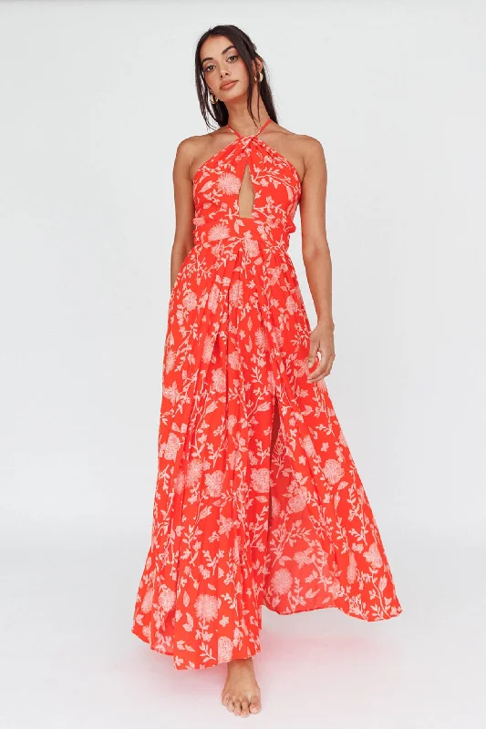 Savings Event Athena High Split Maxi Dress Floral Print Red