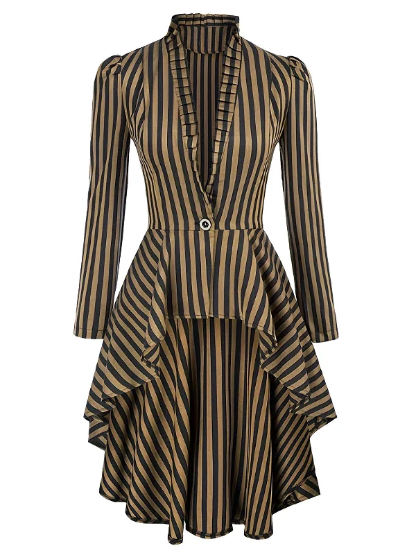 Weekend Deal Brown 1940s Gothic Stripes High-Low Hem Coat