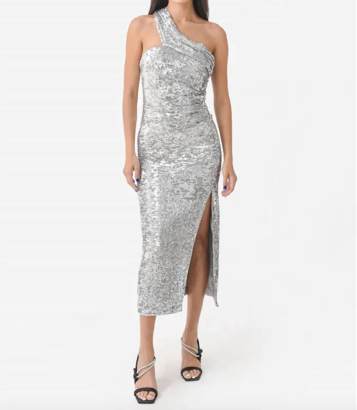Savings Event Zay Sequin Draped Bustier Midi Dress In Silver