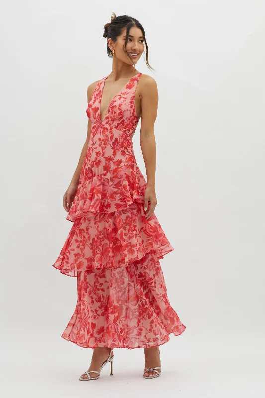 New Markdowns Veda Strappy Back Ruffle Midi Dress Floral Red