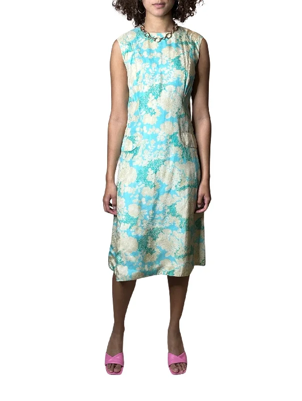 Closeout Sale Original 1960'S Vintage Silk Turquoise Floral Print Dress Uk Size 10 - 12