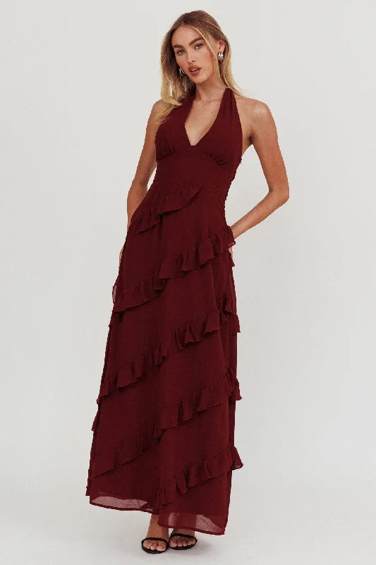 Steals and Deals Flirt Frill Trim Halter Maxi Dress Wine