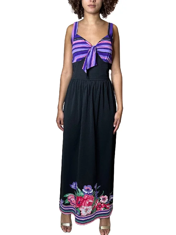 Super Deal Original 1970's Vintage Black & Floral Print Maxi Dress UK 12 - 14