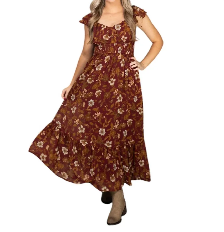 Price Drop Floral Ruffle Short Sleeve Back Tie Midi Dress In Burgundy
