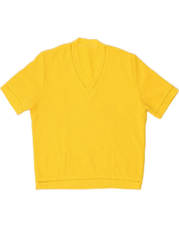 Mega Sale VINTAGE Womens Short Sleeve V-Neck Jumper Sweater IT 44 Medium Yellow