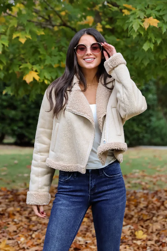 Deep Discounts Sweetly Cozy Beige Sherpa Moto Jacket