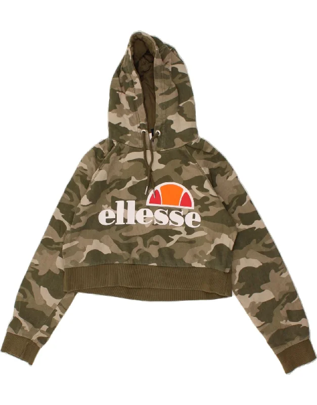 Stock Clearance ELLESSE Womens Crop Graphic Hoodie Jumper UK 10 Small Khaki Camouflage
