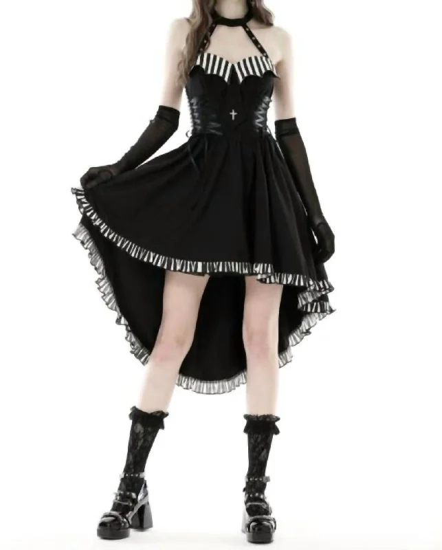 Deal Frenzy Cross Necktie Striped High Low Dress In Black