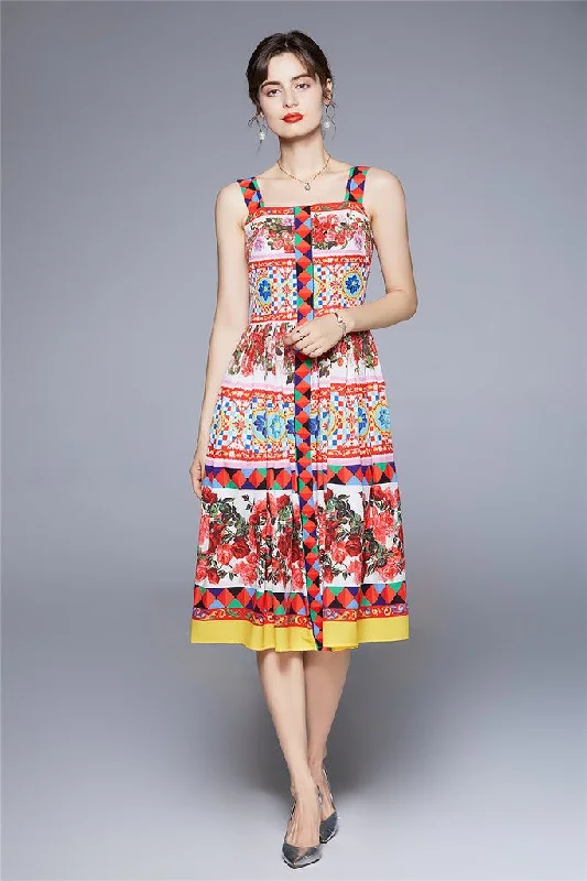 Crazy Deals Multicolor Day A-line Strap Below Knee Printed Dress