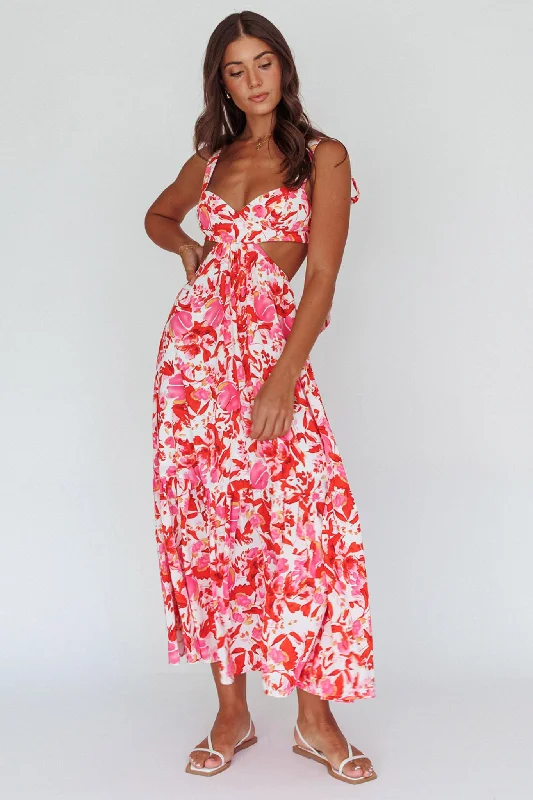Take Advantage Sun Seeker Tied Shoulder Cut-Out Maxi Dress Floral Red