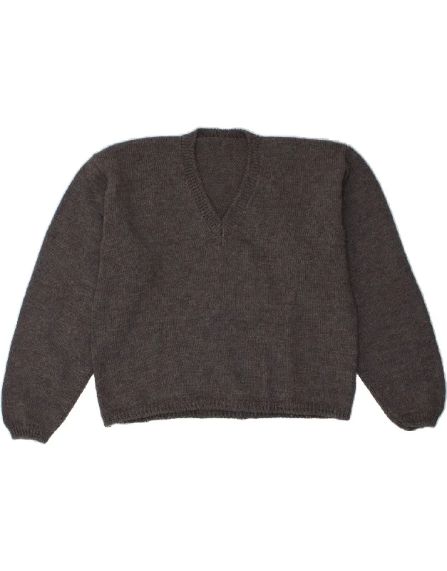 Seasonal Sale VINTAGE Womens Crop V-Neck Jumper Sweater UK 16 Large Grey