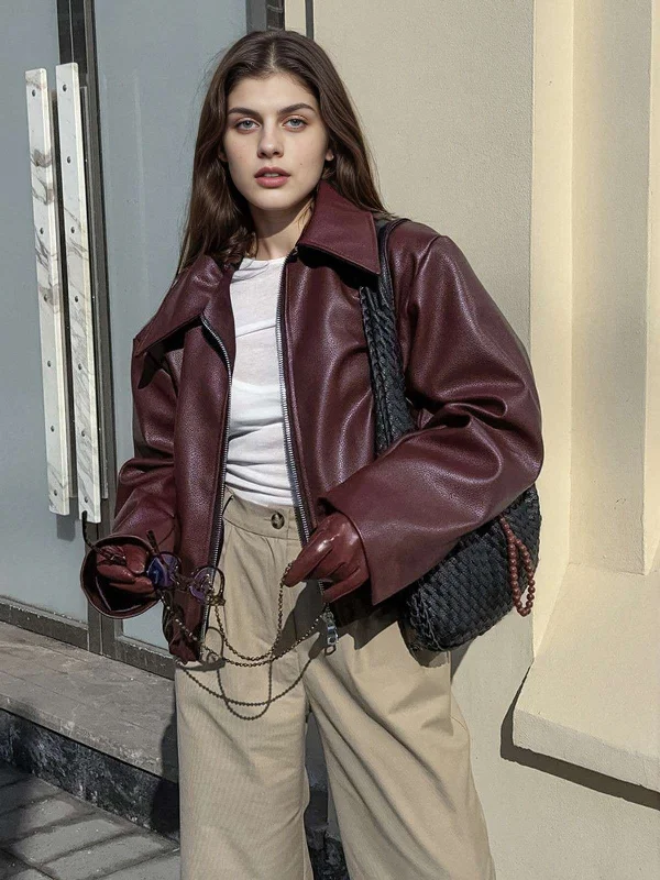 Super Bargain Wine Red 1950s Imitation Leather Zipper Coat