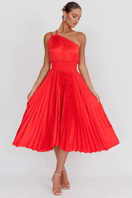 Amazing Deals Calissa One Shoulder Pleated Midi Dress Red