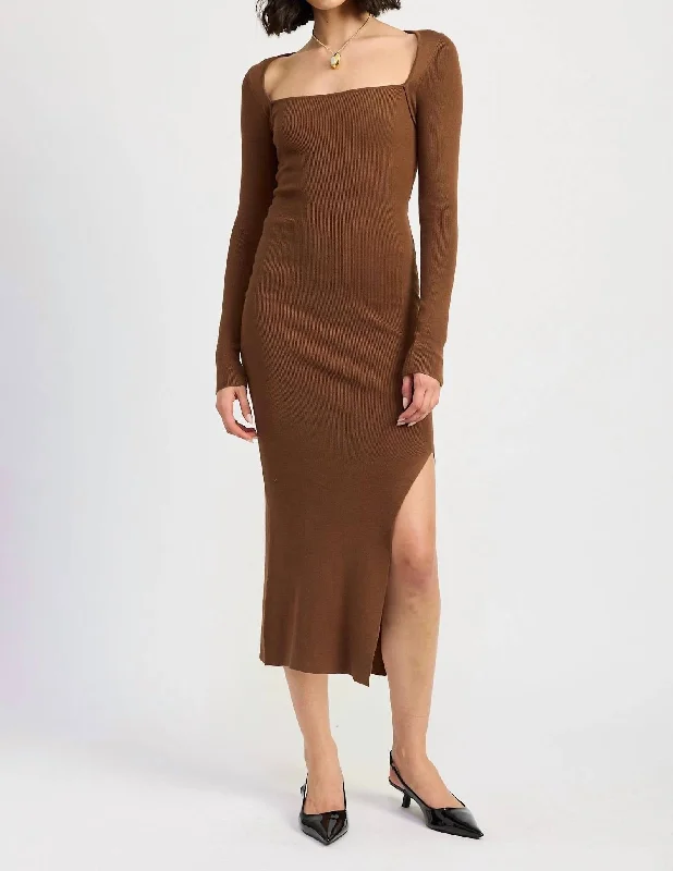 Huge Discounts Square Neck Midi Dress In Chocolate