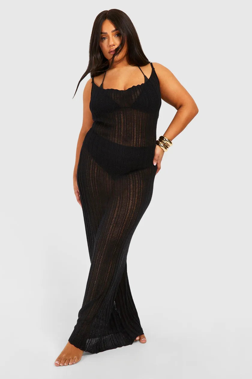 Hurry In Plus Crochet Ladder Cowl Neck Knitted Maxi Dress Black