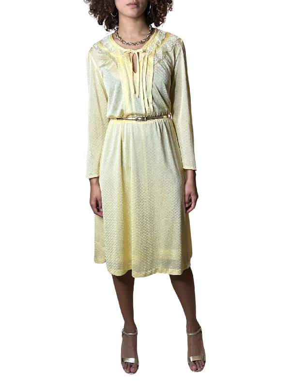 Price Meltdown Pretty Original Vintage 1970's Yellow Lace Detailed Dress UK 12- 14
