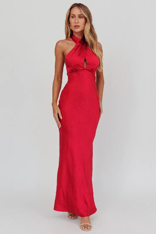 Limited Time Honeymoon Crossover Halterneck Maxi Dress Wine